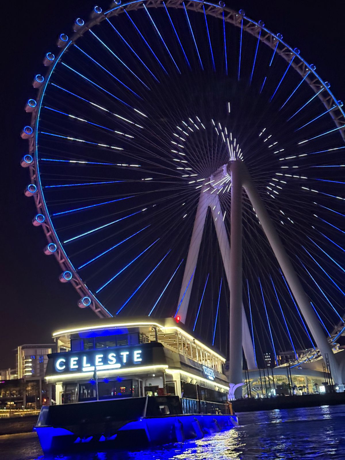 celeste dinner cruise in dubai marina in front of ain dubai wheel