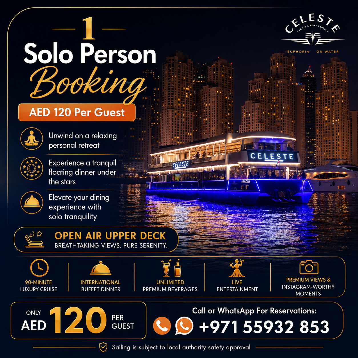 luuxry dinner cruise dubai marina solo person package upper deck