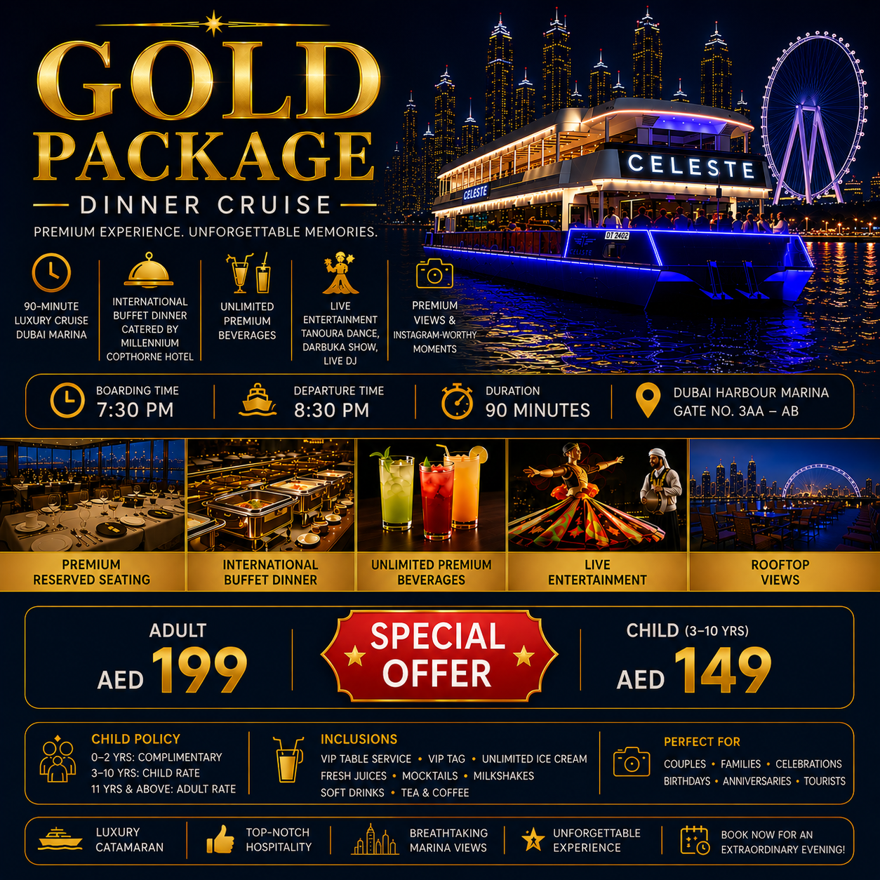 luxury dinner cruise dubai marina gold package