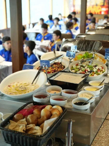 Delicious international buffet setup onboard Celeste dinner cruise Dubai Marina.